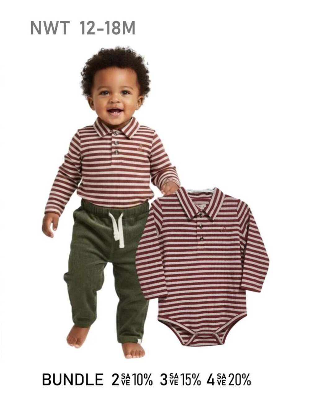 NWT - ME & HENRY Collared Long Sleeve Bodysuit Red & White stripe - Size 12/18m